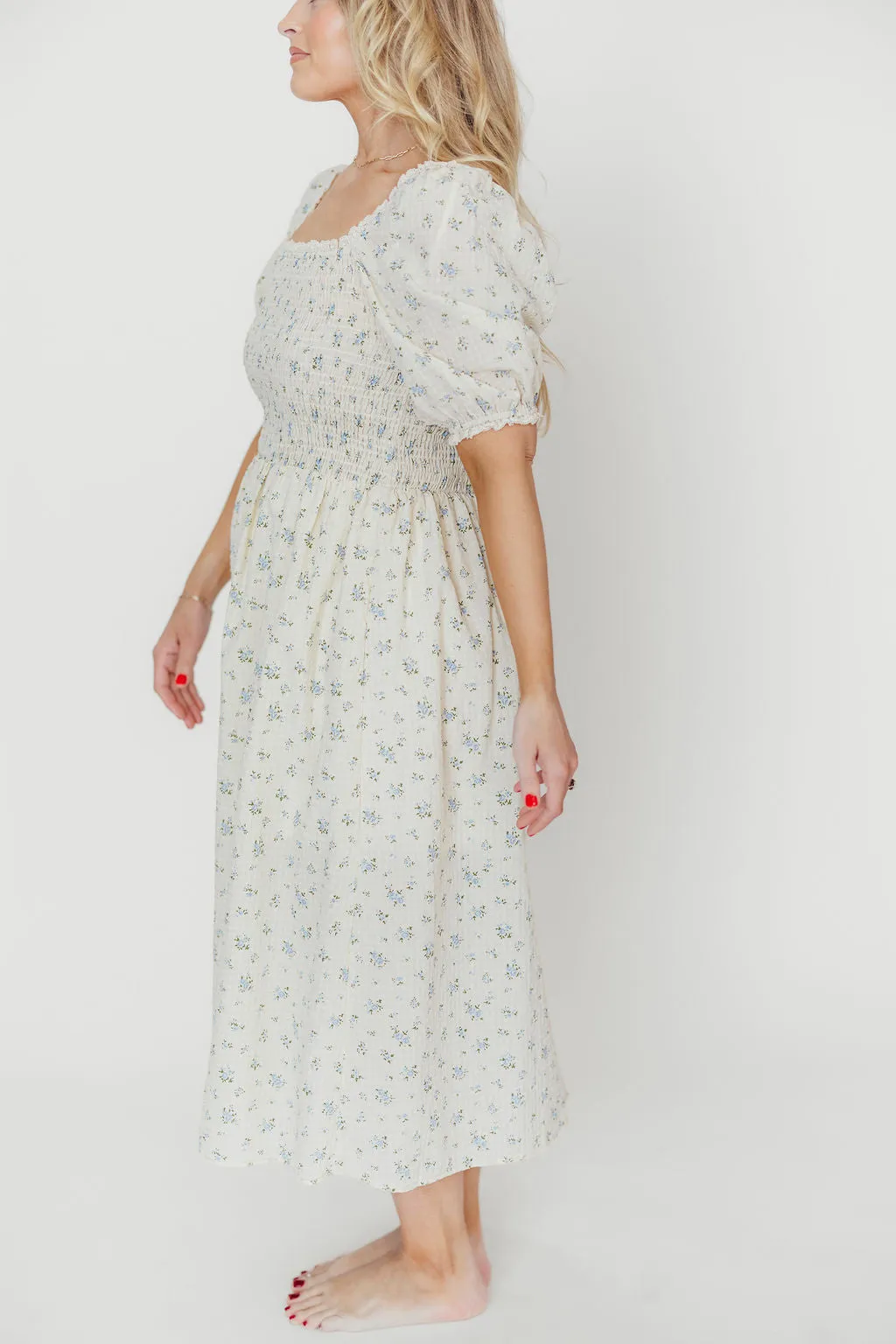 Kinsley Ditsy Floral Smocked Midi Dress in Sky Blue