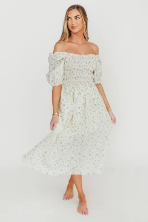 Kinsley Ditsy Floral Smocked Midi Dress in Sky Blue