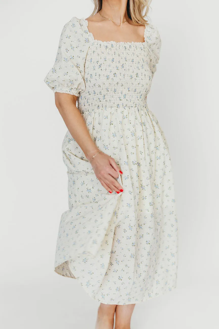 Kinsley Ditsy Floral Smocked Midi Dress in Sky Blue