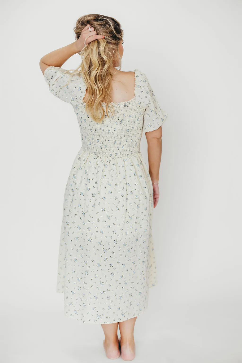 Kinsley Ditsy Floral Smocked Midi Dress in Sky Blue