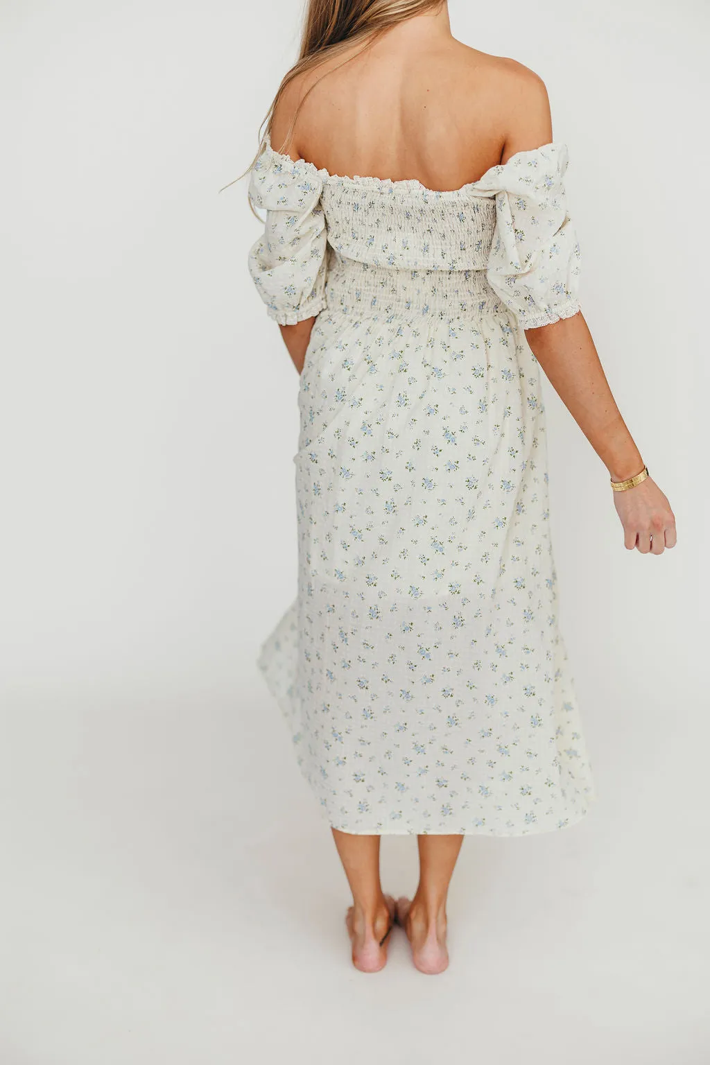 Kinsley Ditsy Floral Smocked Midi Dress in Sky Blue