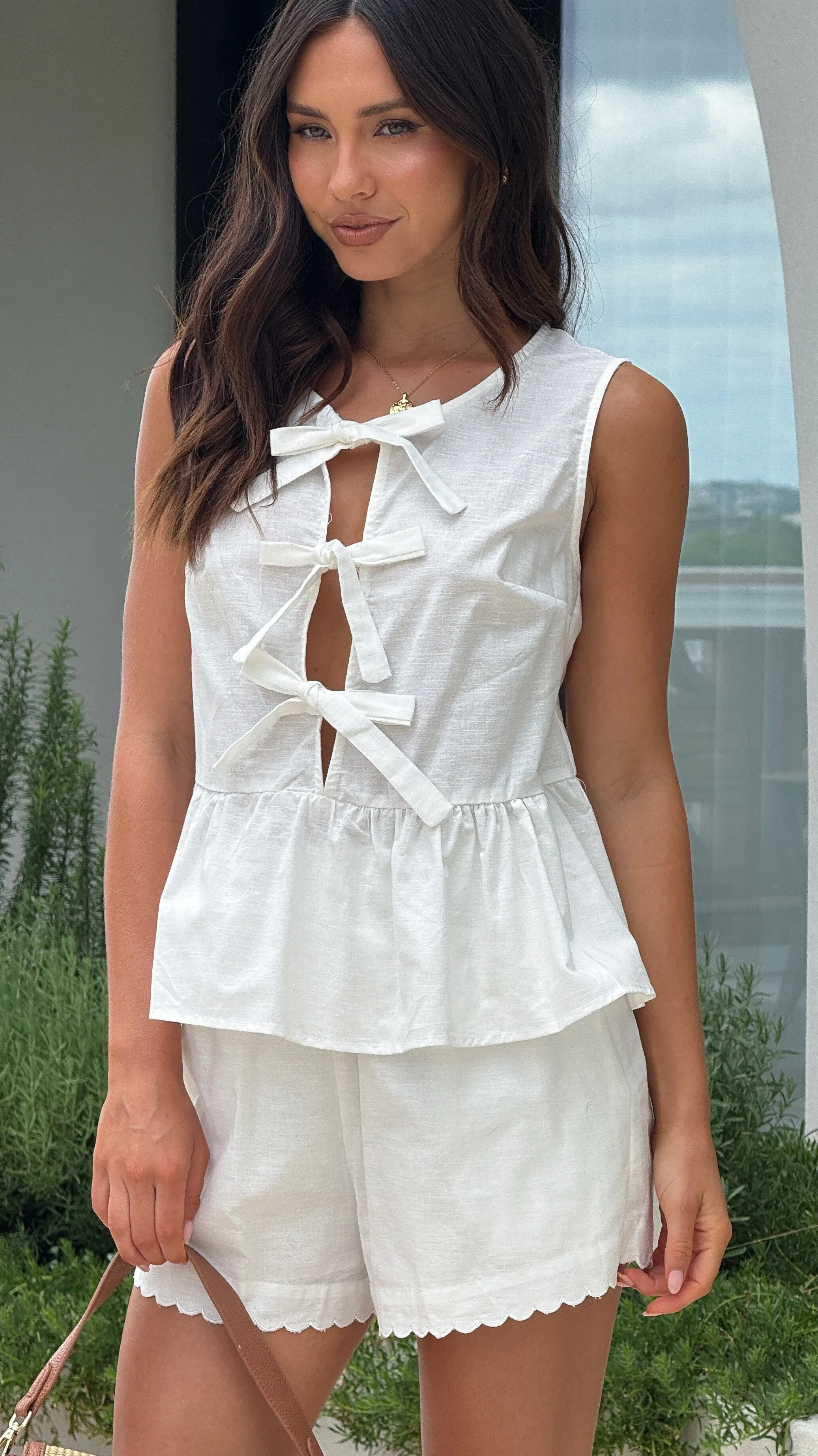 Kristie Tie Front Top and Shorts Set - White