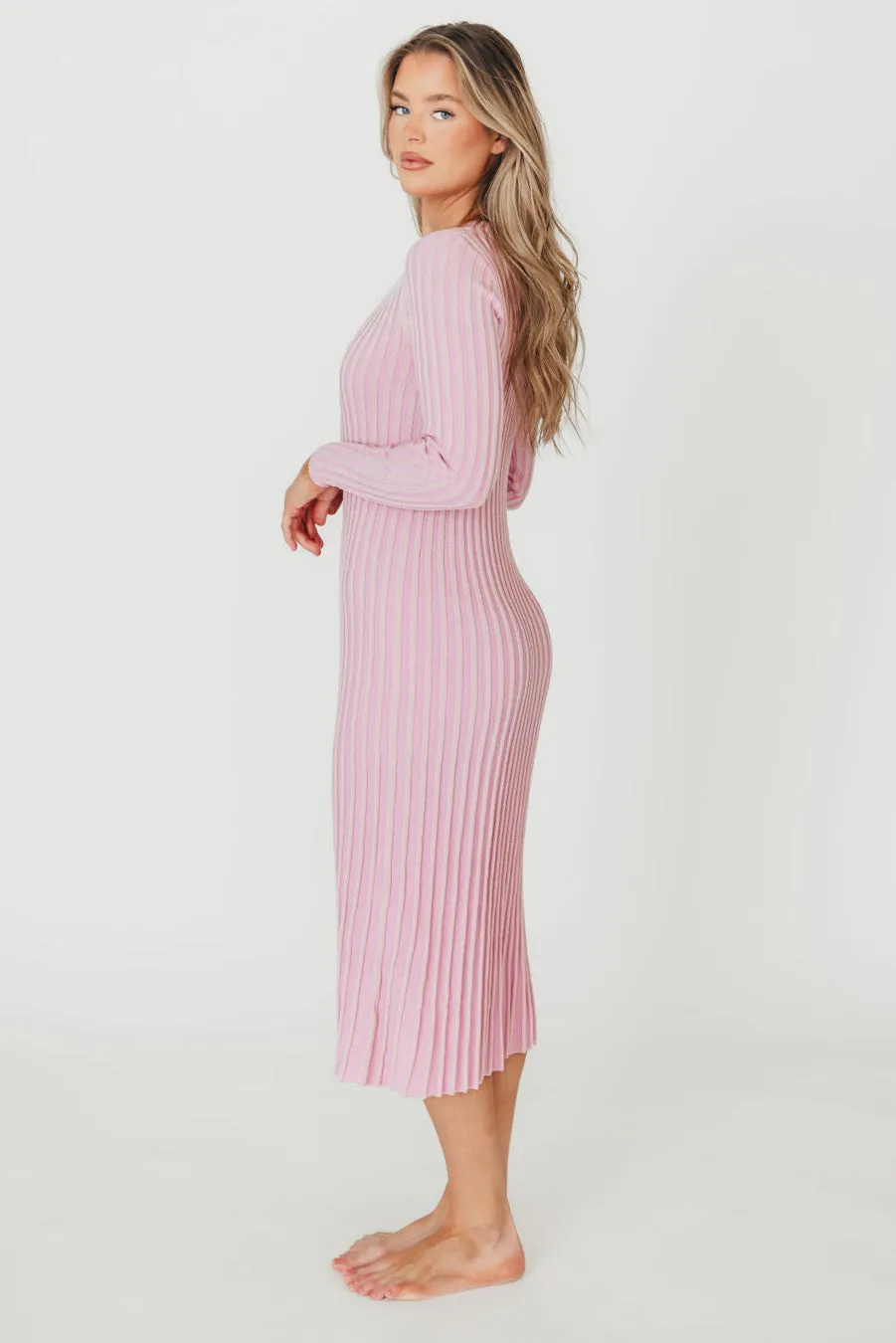 Lacey Long Sleeve Ribbed Sweater Midi Dress in Pink - Bump Friendly
