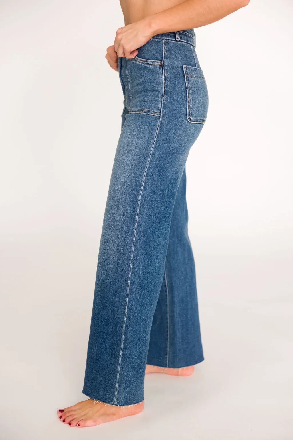Logan 31” Inseam 2-Button Dad Jean with Patch Pockets in Dark Denim