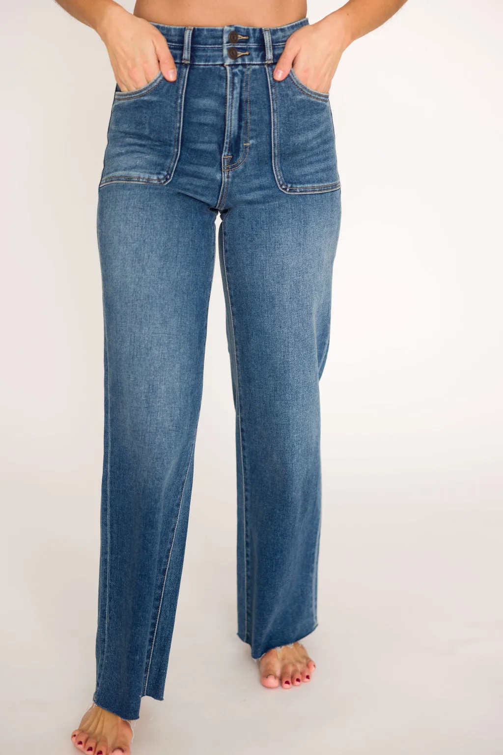 Logan 31” Inseam 2-Button Dad Jean with Patch Pockets in Dark Denim