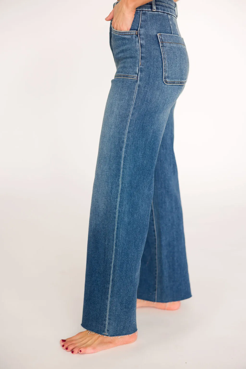 Logan 31” Inseam 2-Button Dad Jean with Patch Pockets in Dark Denim