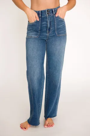 Logan 31” Inseam 2-Button Dad Jean with Patch Pockets in Dark Denim