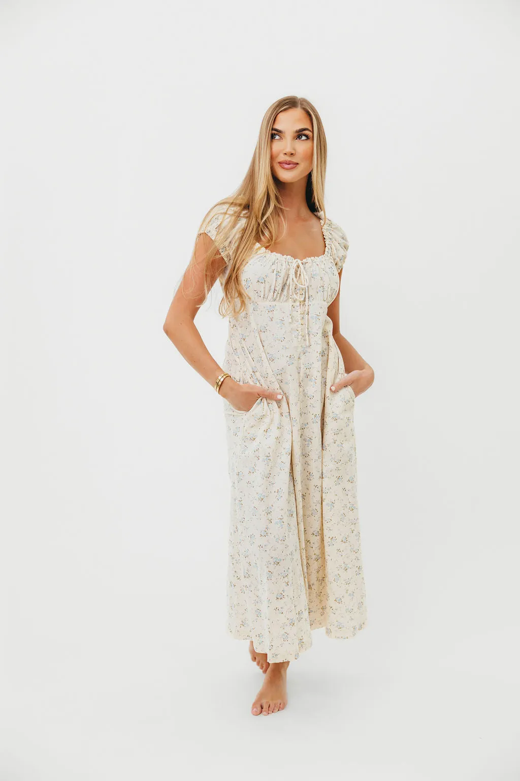 Marley 100% Cotton Midi Dress in Ivory/Blue Floral -Bump Friendly