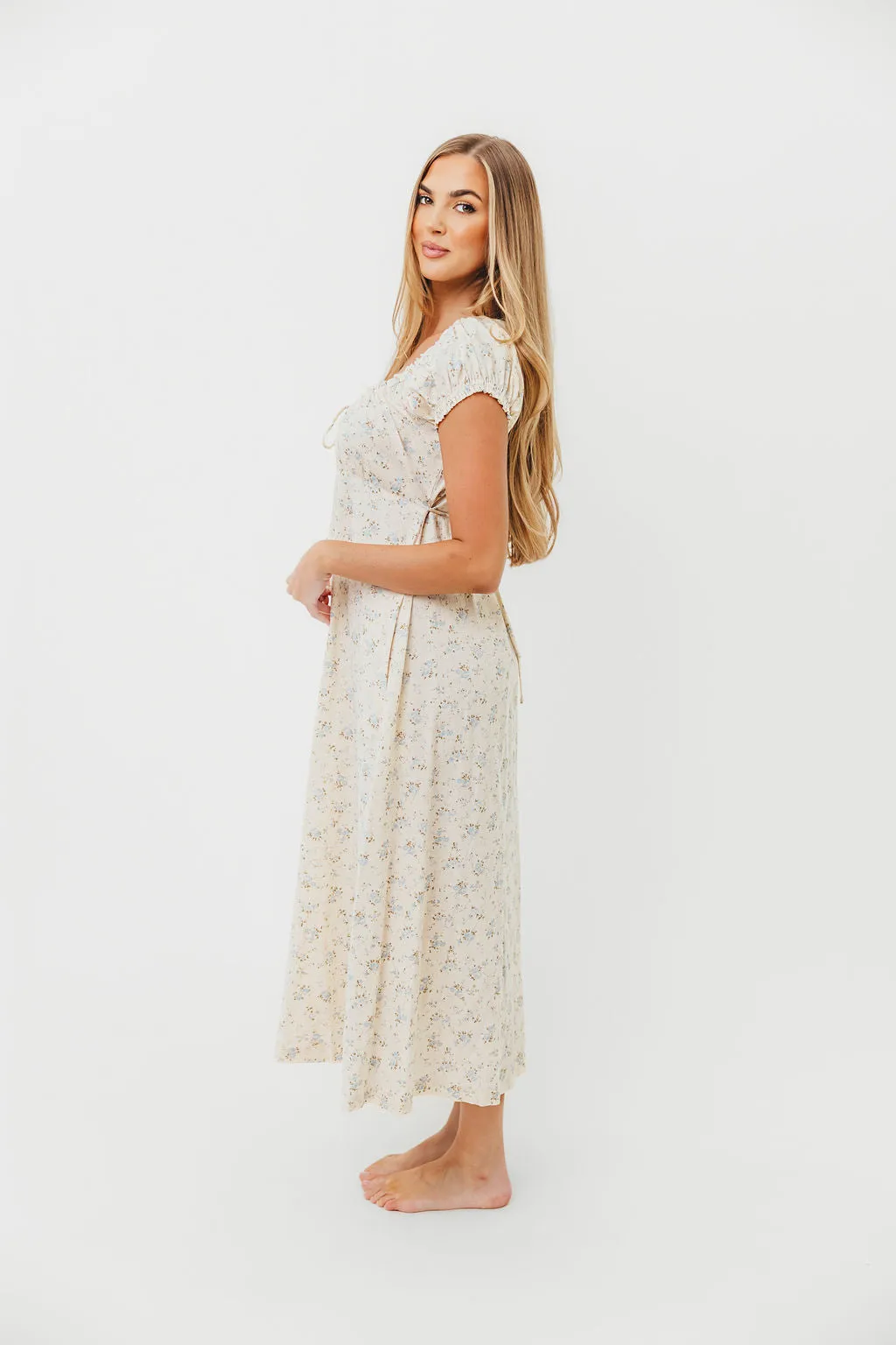 Marley 100% Cotton Midi Dress in Ivory/Blue Floral -Bump Friendly