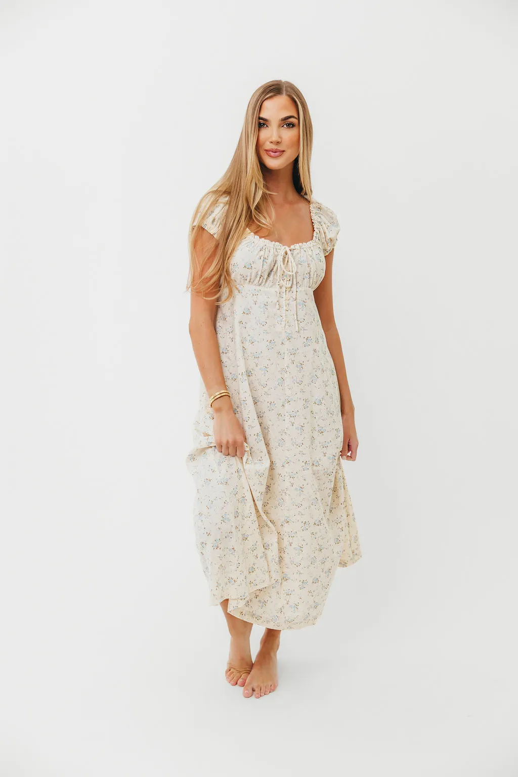 Marley 100% Cotton Midi Dress in Ivory/Blue Floral -Bump Friendly