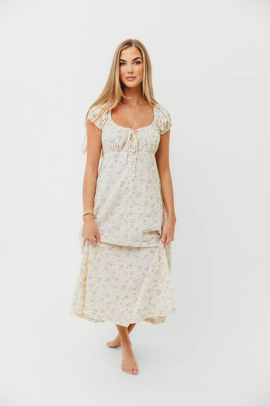 Marley 100% Cotton Midi Dress in Ivory/Blue Floral -Bump Friendly