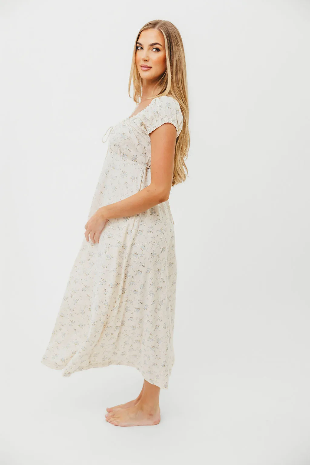 Marley 100% Cotton Midi Dress in Ivory/Blue Floral -Bump Friendly