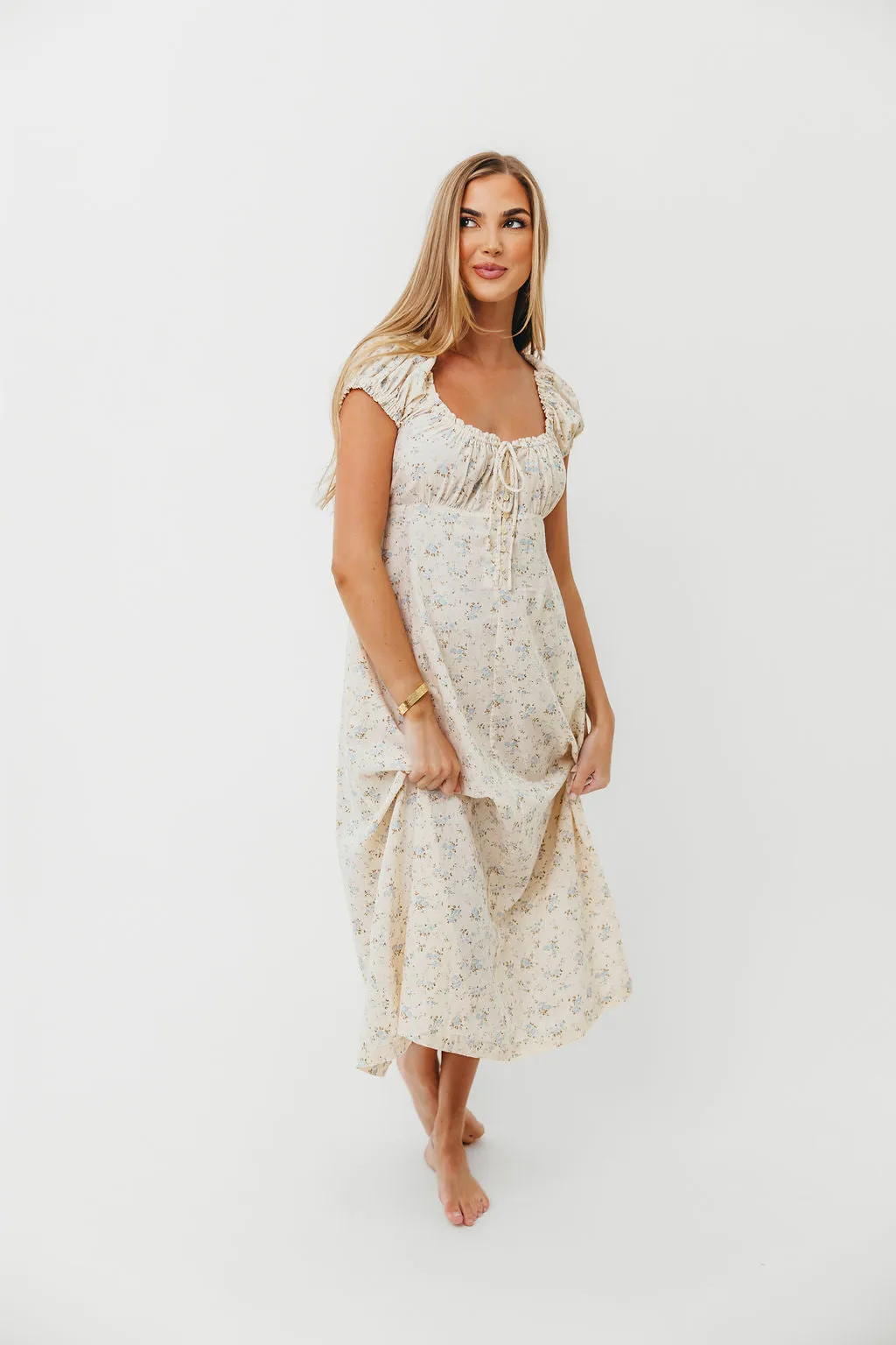 Marley 100% Cotton Midi Dress in Ivory/Blue Floral -Bump Friendly