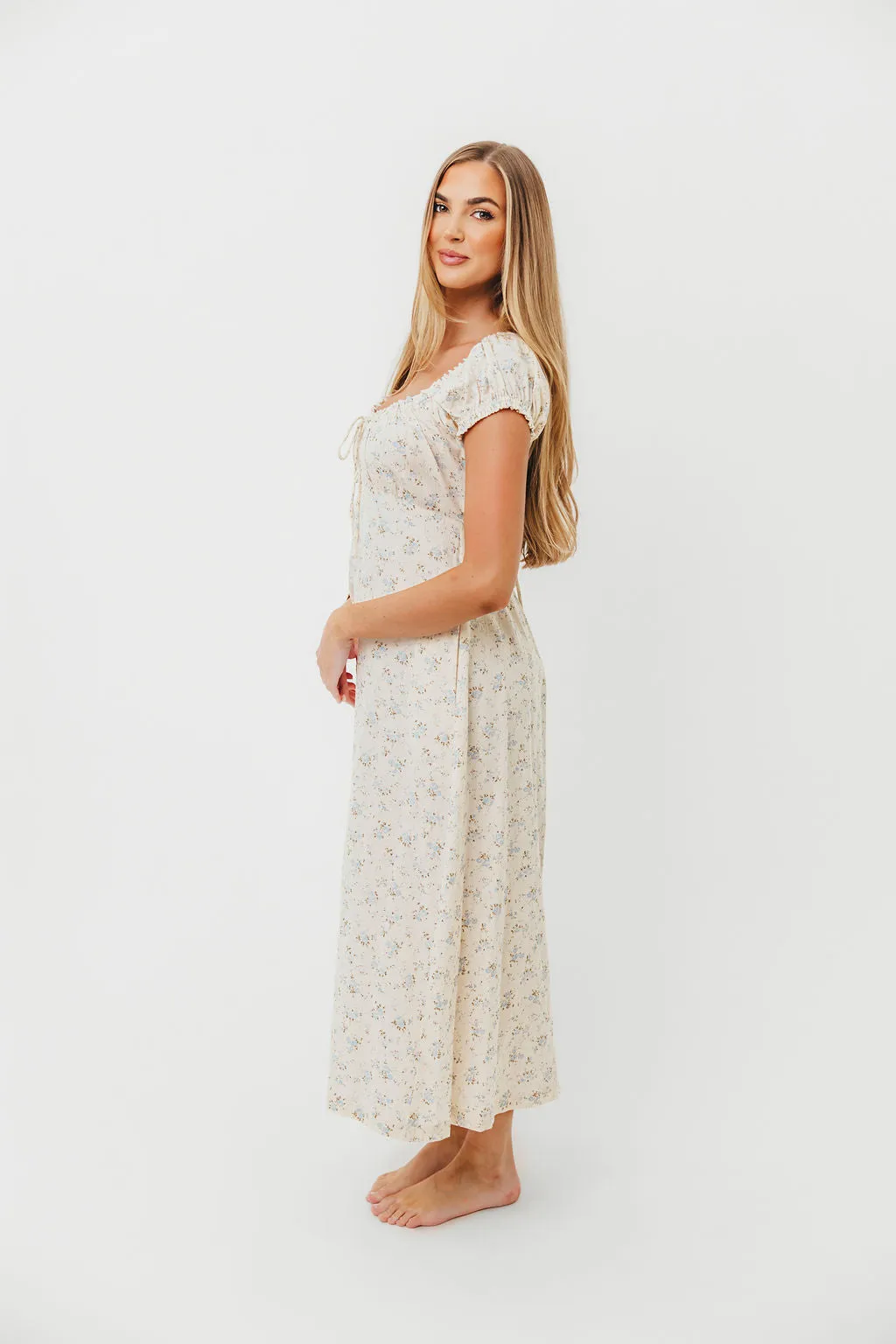 Marley 100% Cotton Midi Dress in Ivory/Blue Floral -Bump Friendly