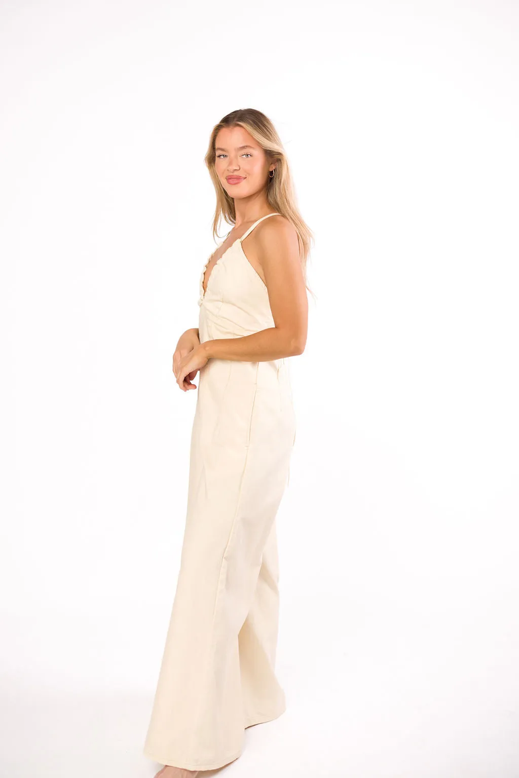 Midweek 100% Cotton Denim Jumpsuit in Ivory