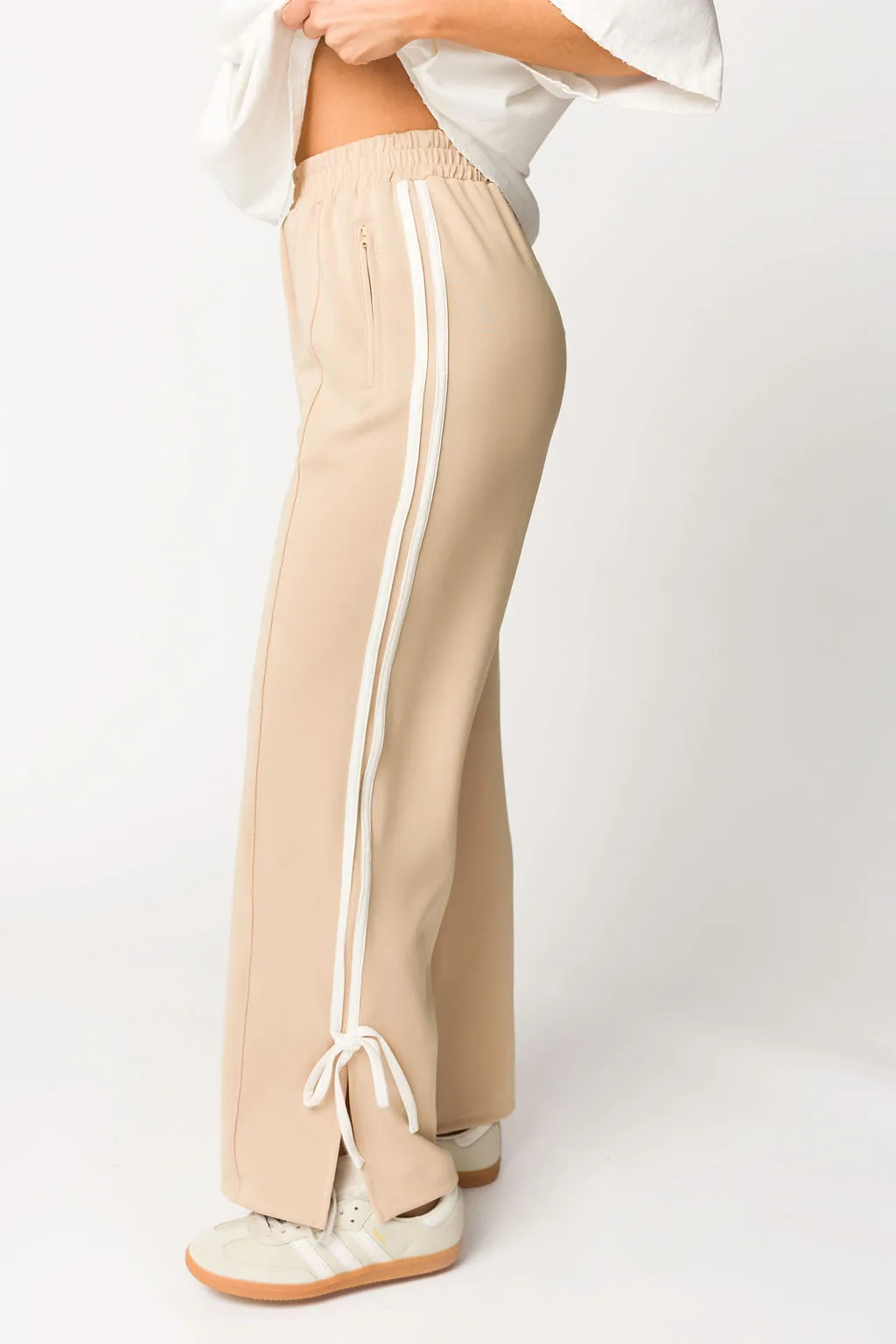 Murphy Track Pants with Bow Detail in Taupe/White