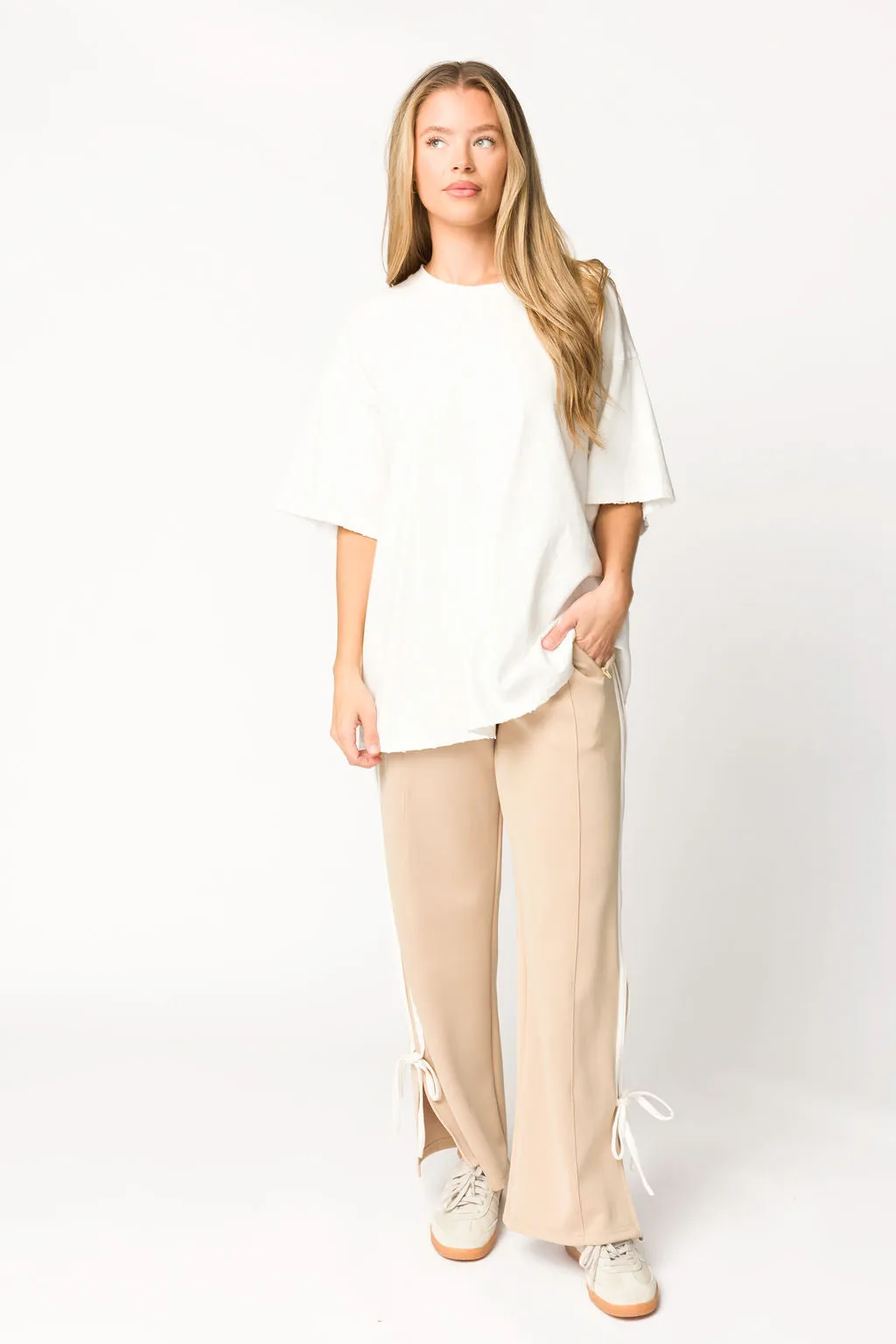 Murphy Track Pants with Bow Detail in Taupe/White