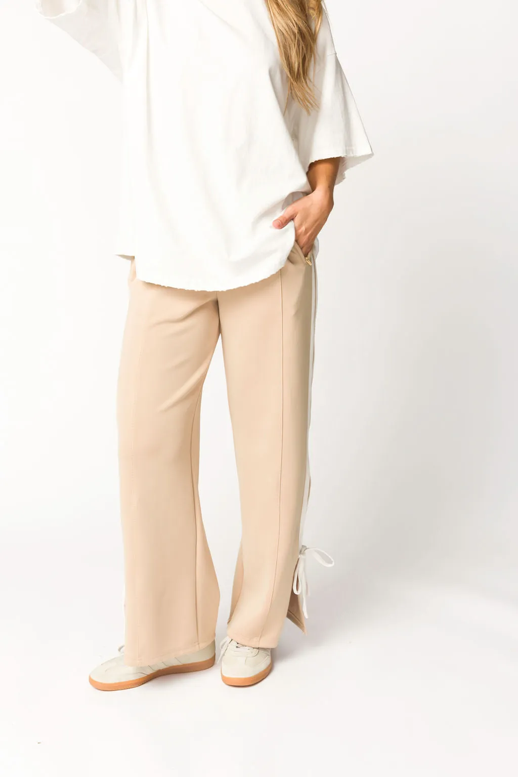 Murphy Track Pants with Bow Detail in Taupe/White