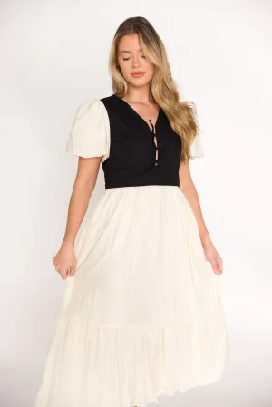 Mya Contrast Tie-Vest Midi Dress in Ivory/Black