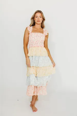 Myla Ruffle Tiered Midi Dress in Pink Multi (Restocking in May)