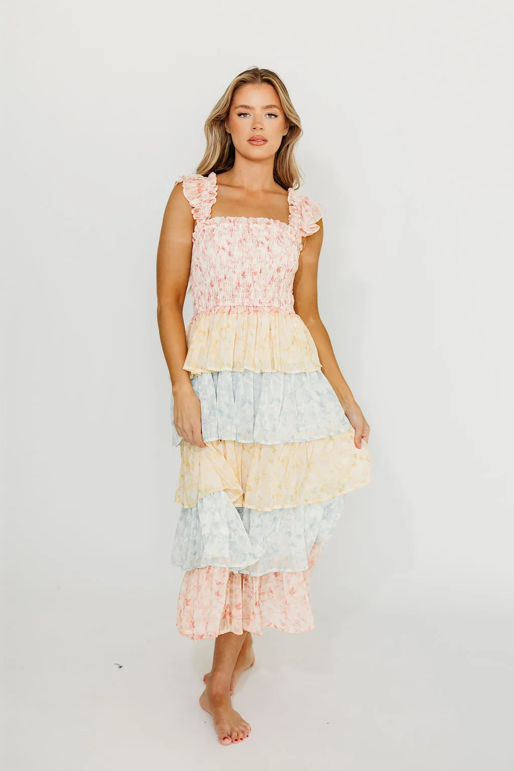 Myla Ruffle Tiered Midi Dress in Pink Multi (Restocking in May)