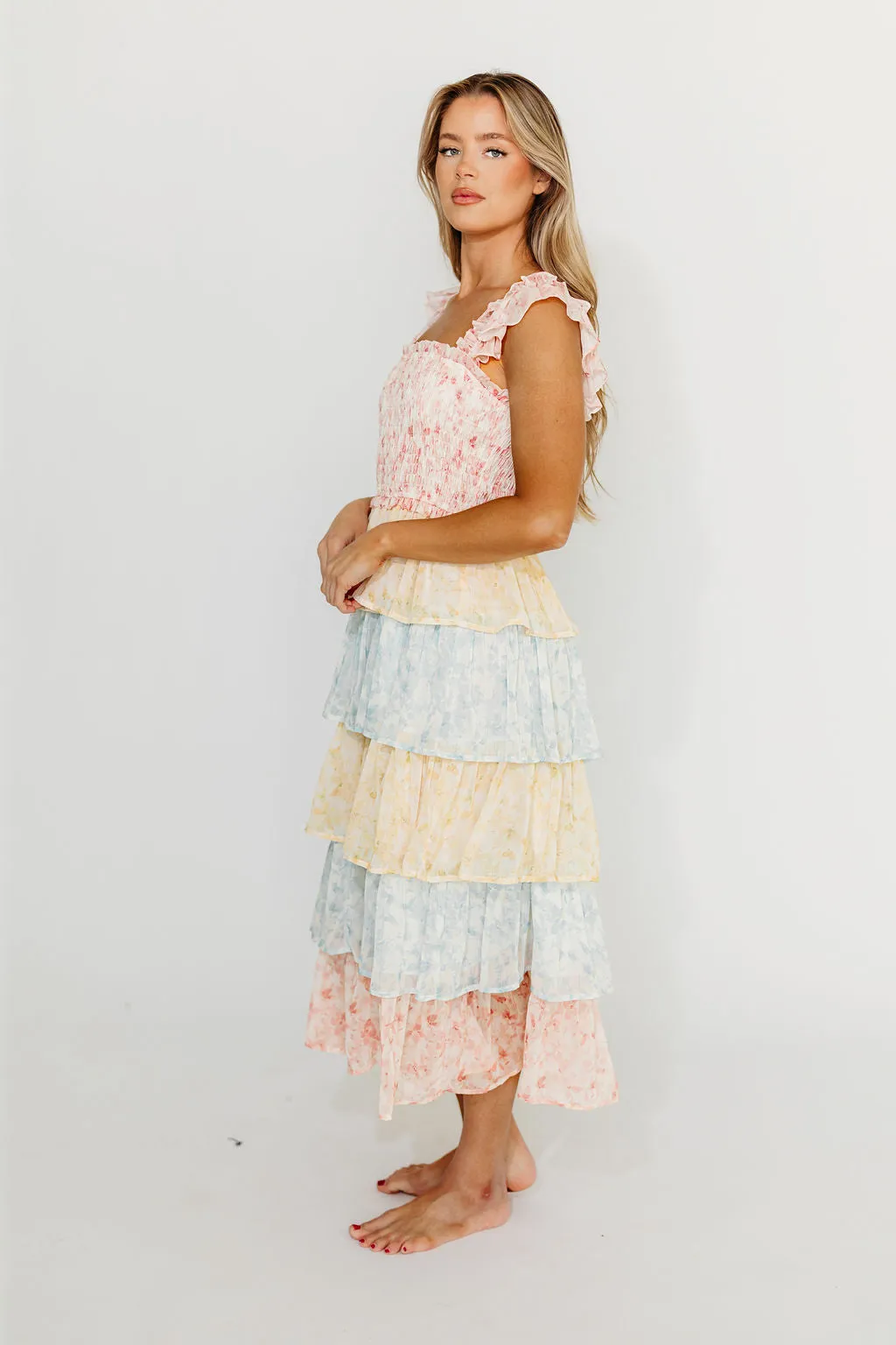 Myla Ruffle Tiered Midi Dress in Pink Multi (Restocking in May)