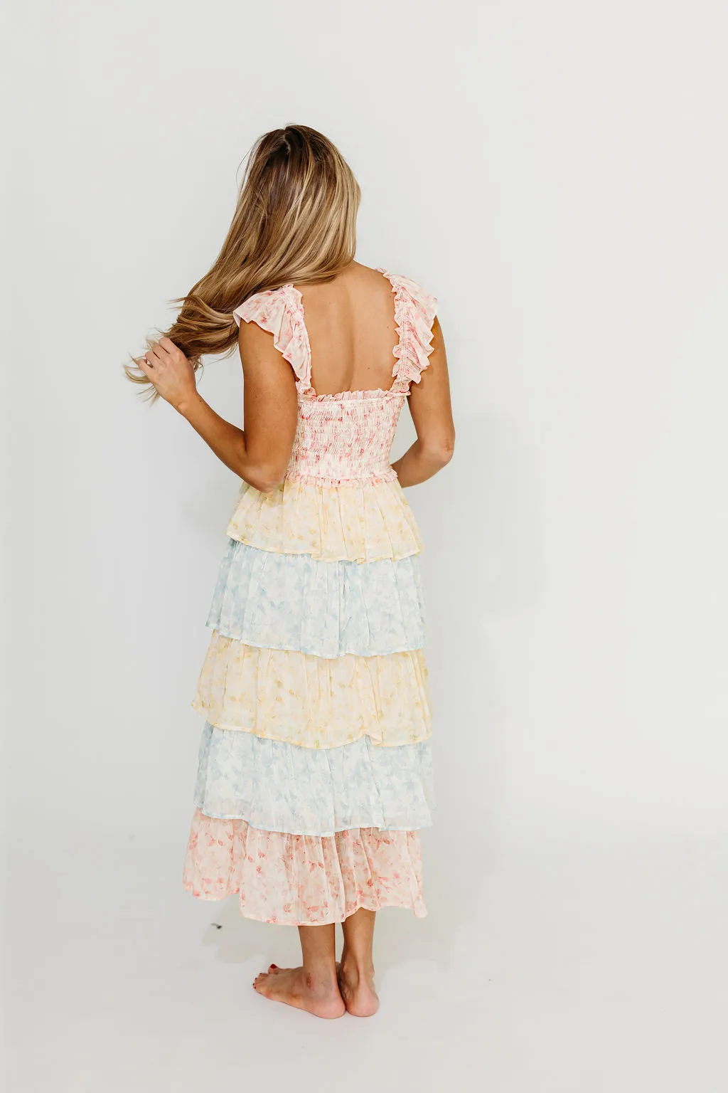 Myla Ruffle Tiered Midi Dress in Pink Multi (Restocking in May)