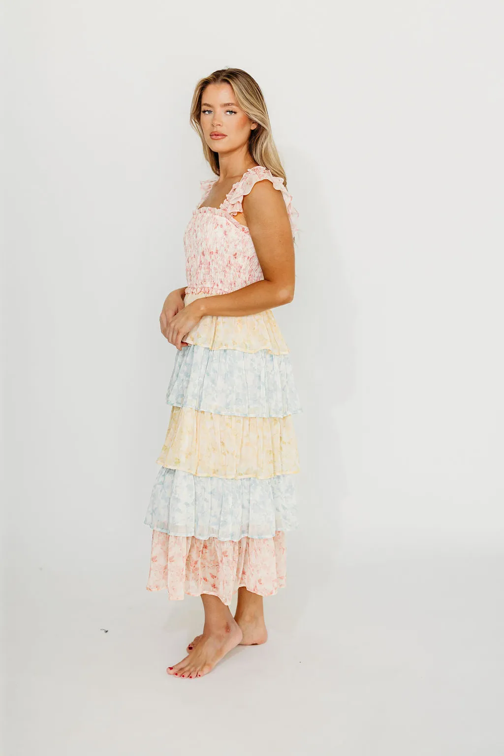 Myla Ruffle Tiered Midi Dress in Pink Multi (Restocking in May)