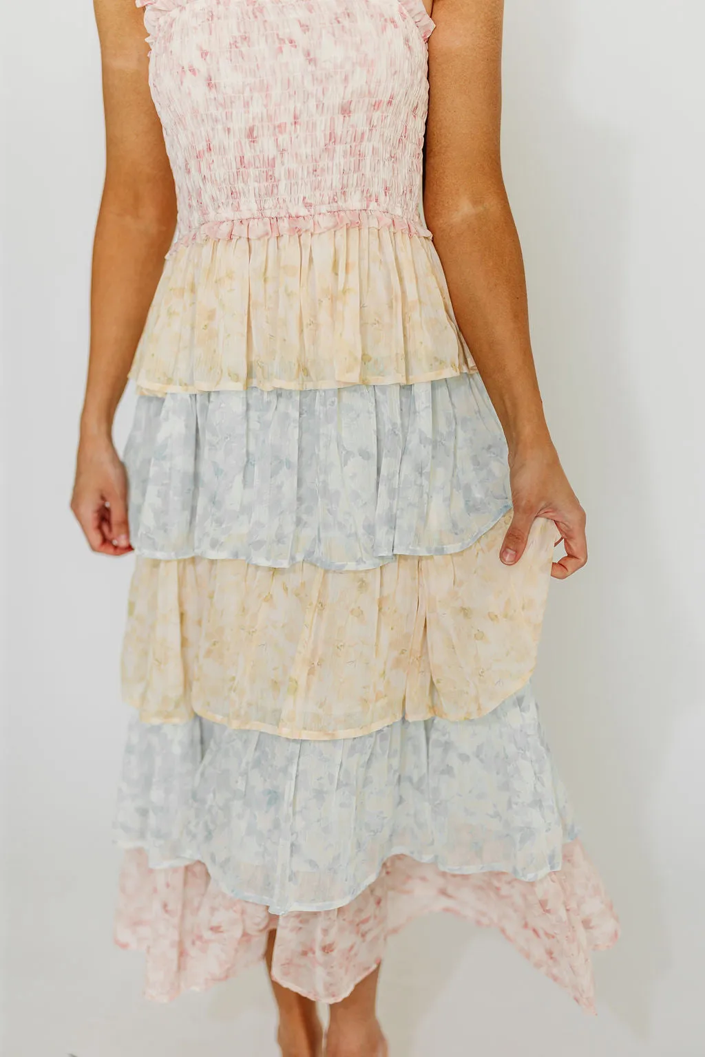 Myla Ruffle Tiered Midi Dress in Pink Multi (Restocking in May)
