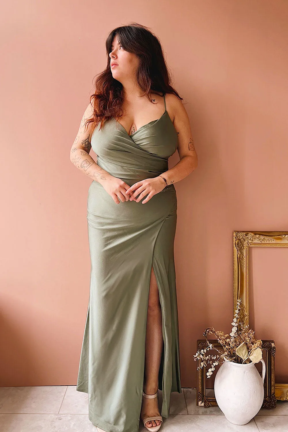 Nyra Khaki | Mermaid Dress w/ Wrapped Bodice