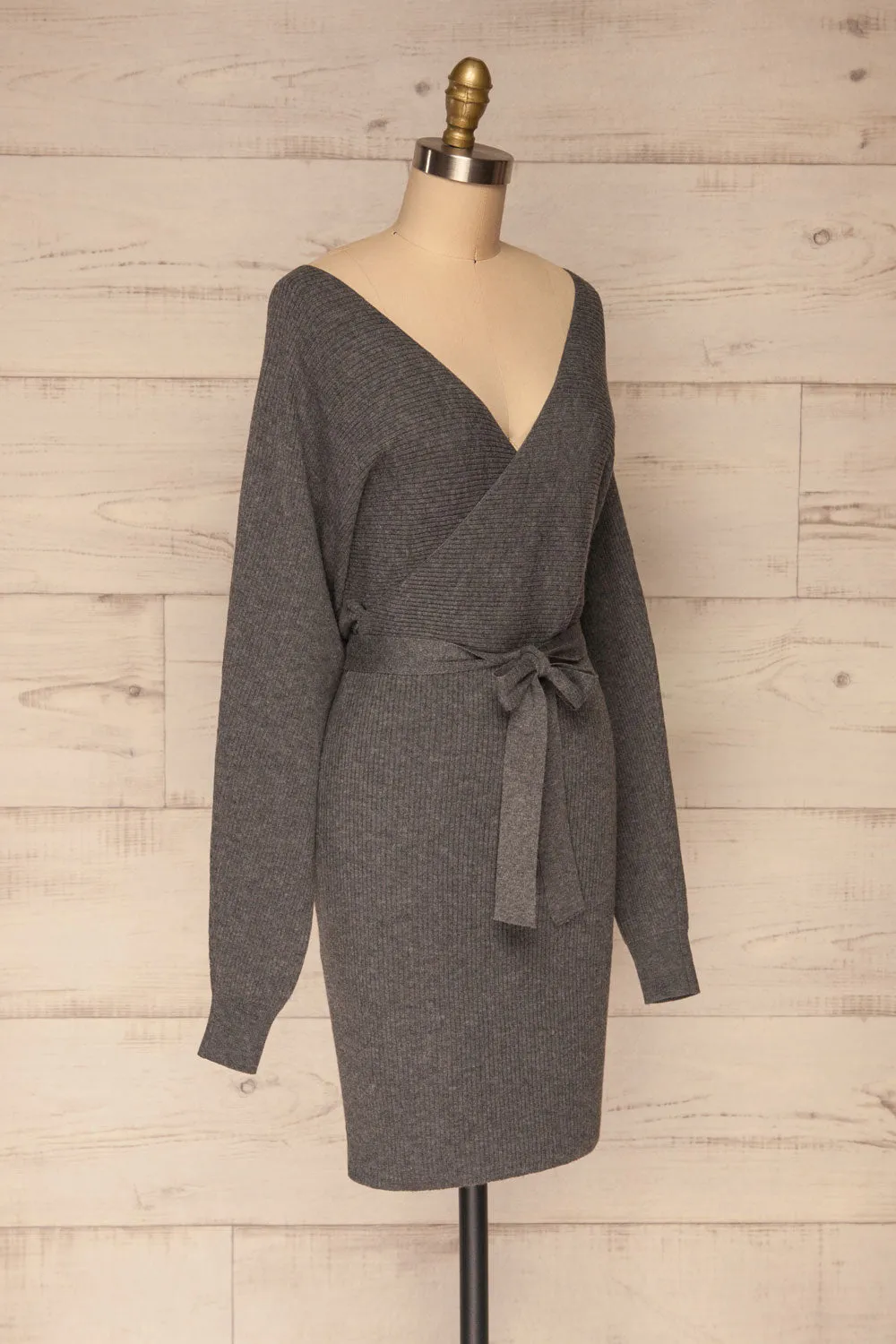 Oria Grey | Faux-Wrap Knit Dress