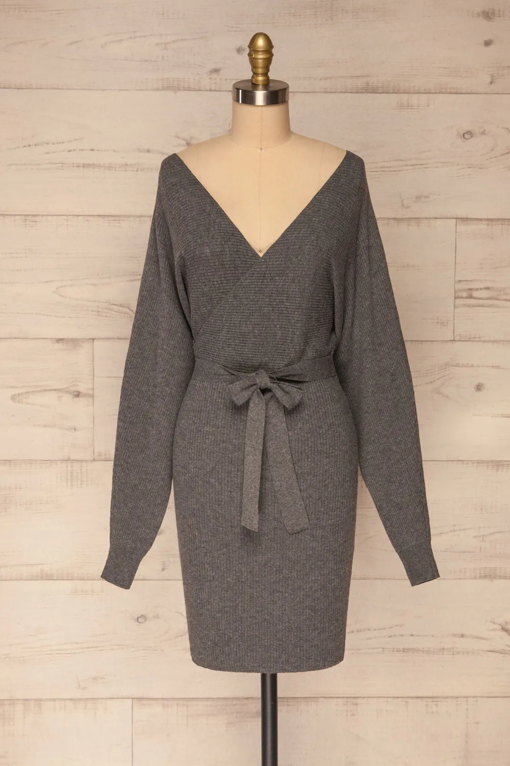 Oria Grey | Faux-Wrap Knit Dress