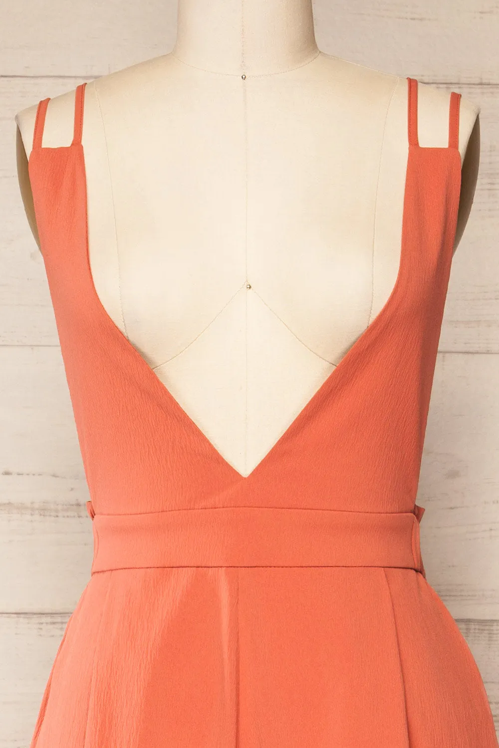 Osaka Coral | V-neck Palazzo Jumpsuit w/ Open-back