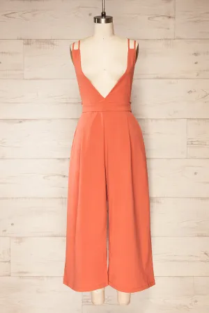 Osaka Coral | V-neck Palazzo Jumpsuit w/ Open-back