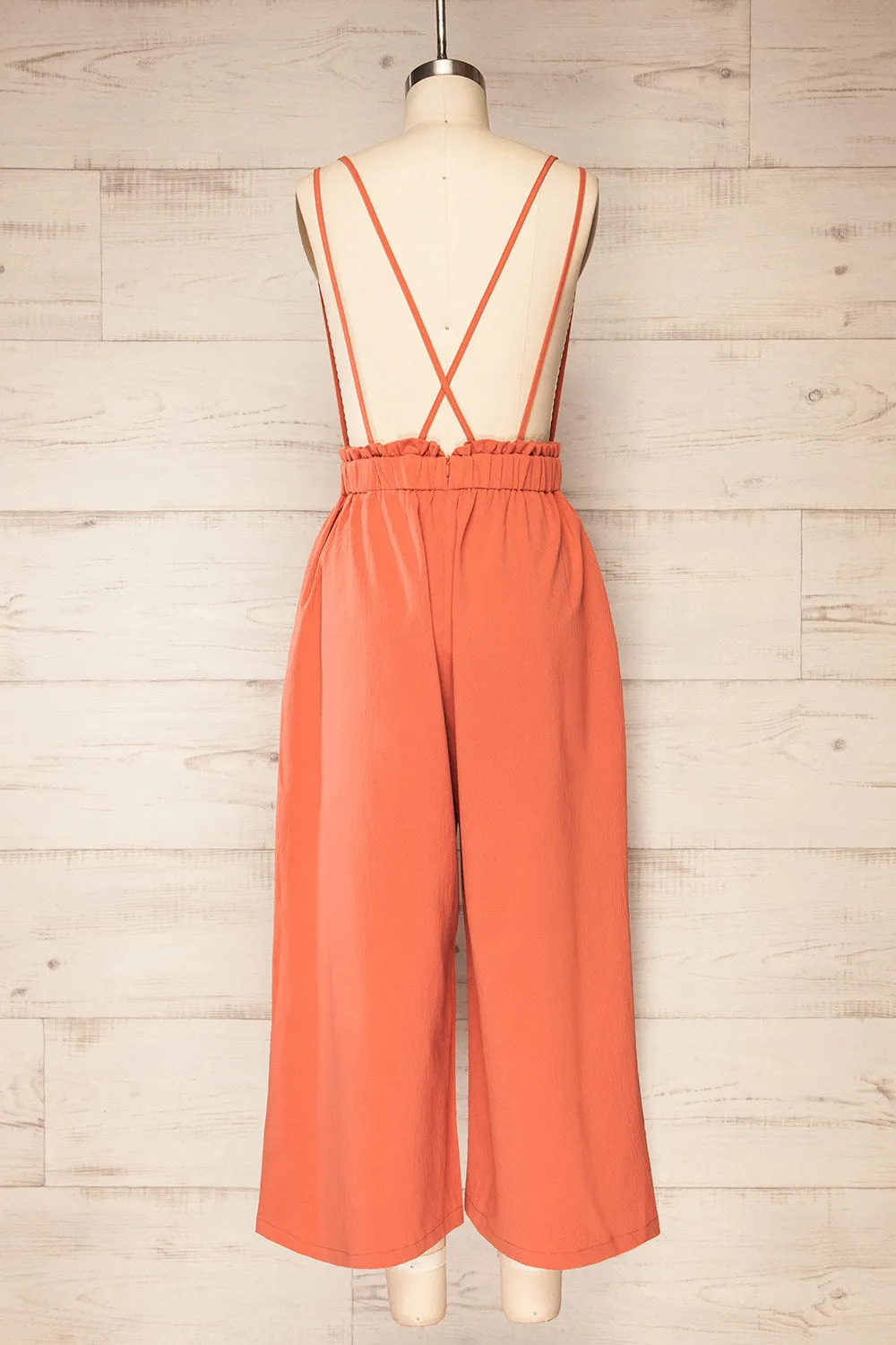 Osaka Coral | V-neck Palazzo Jumpsuit w/ Open-back