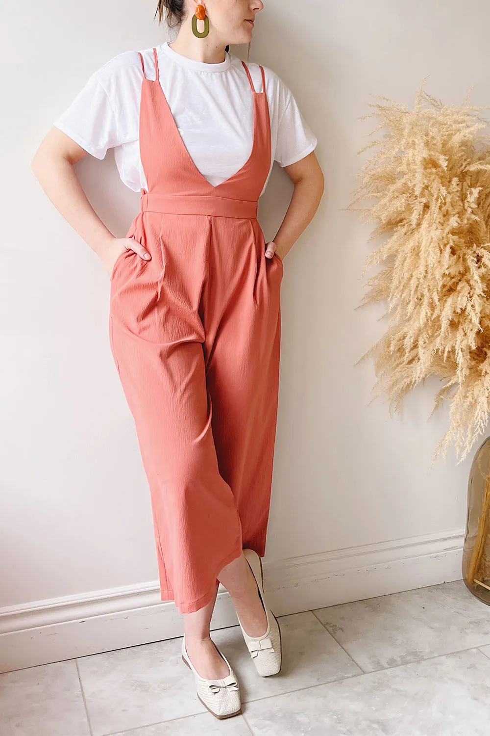 Osaka Coral | V-neck Palazzo Jumpsuit w/ Open-back