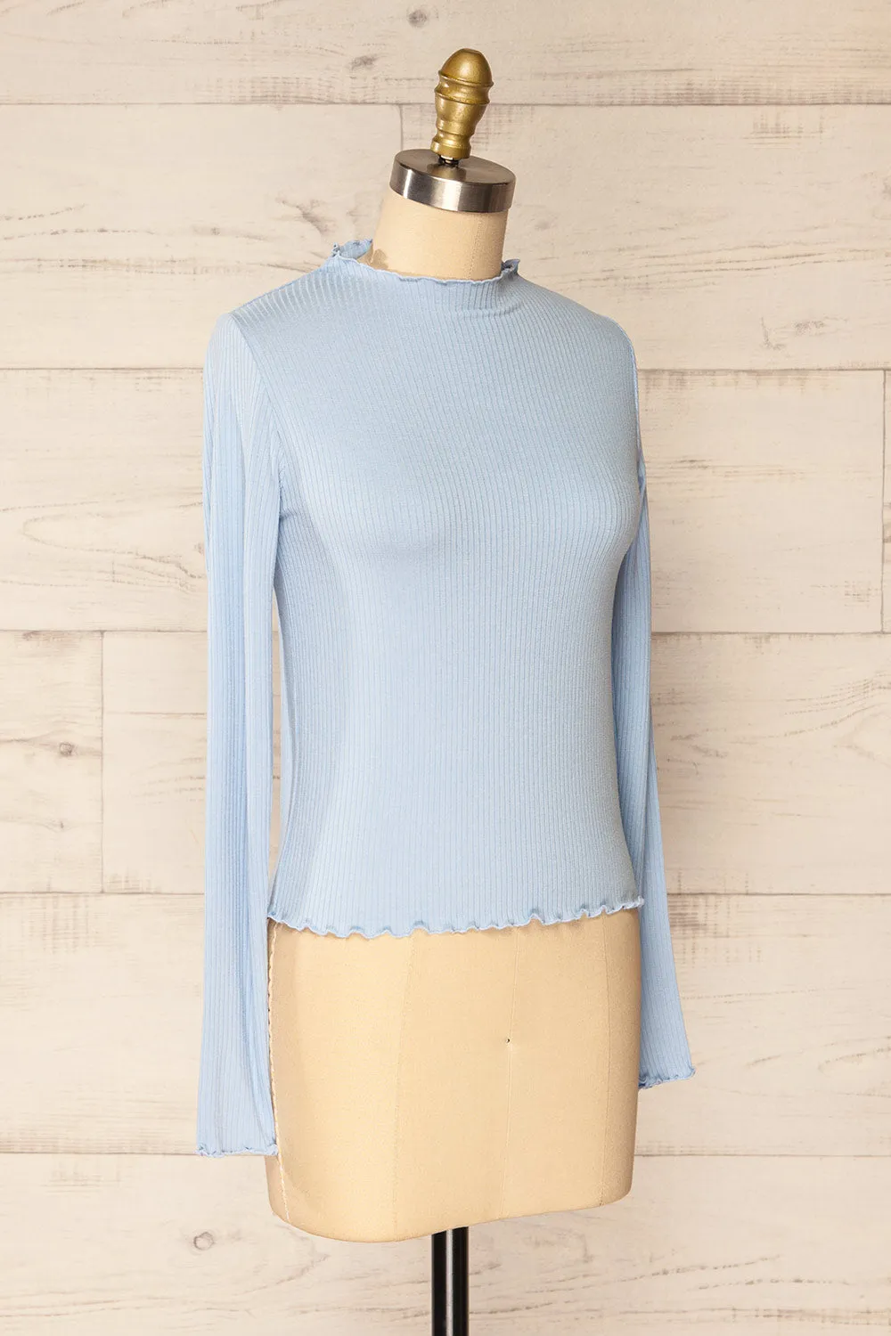 Palencia Blue | Ribbed Long Sleeve Top w/ Frills