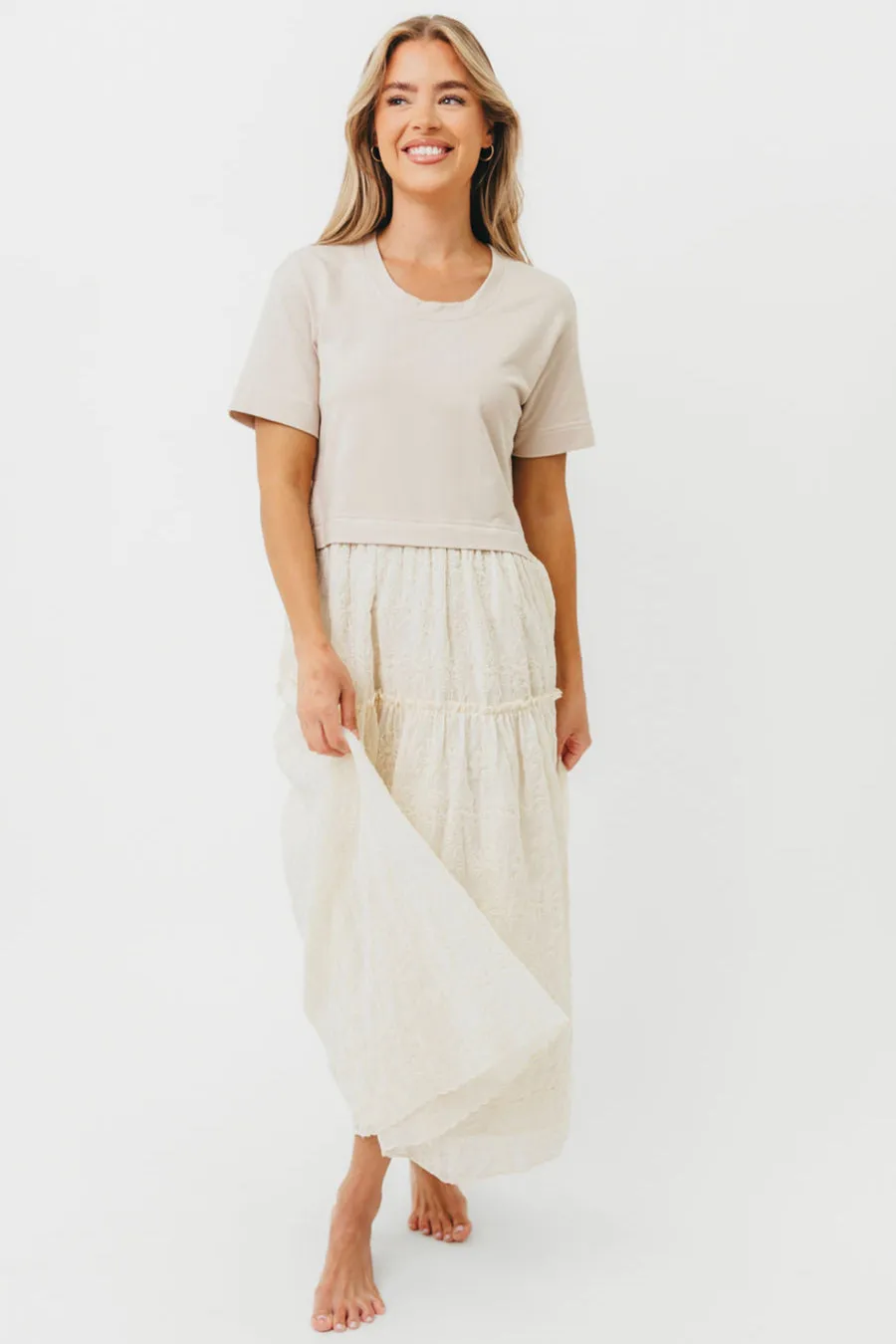 Peggy Layered Lace Dress with Tee Overlay in Oatmeal