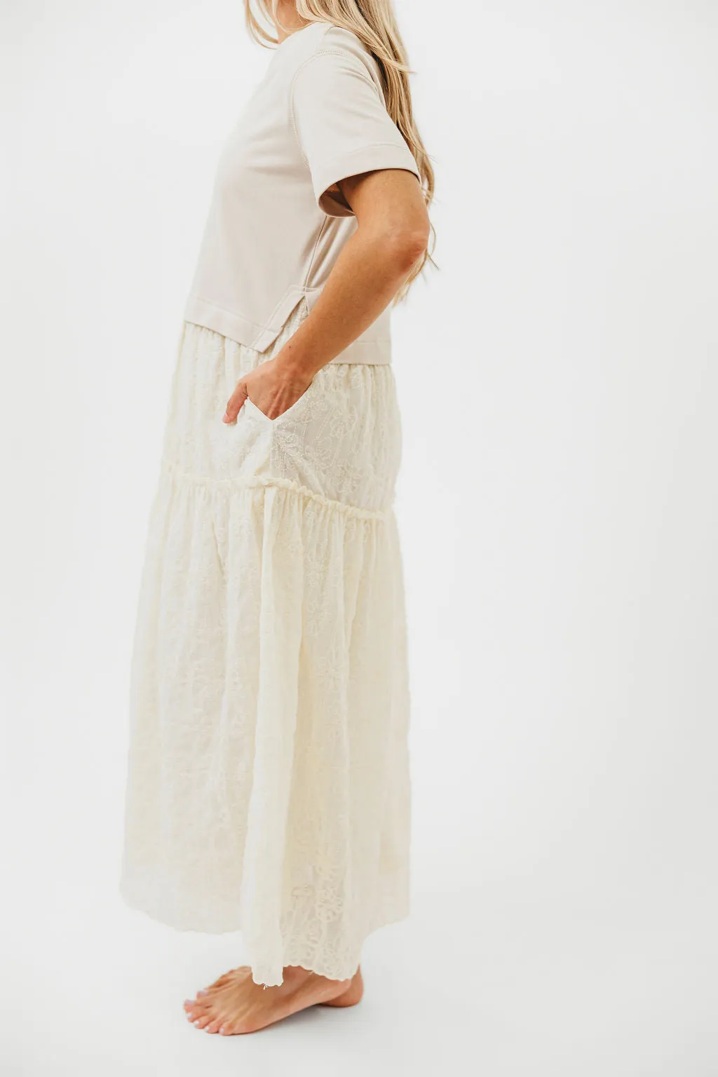 Peggy Layered Lace Dress with Tee Overlay in Oatmeal