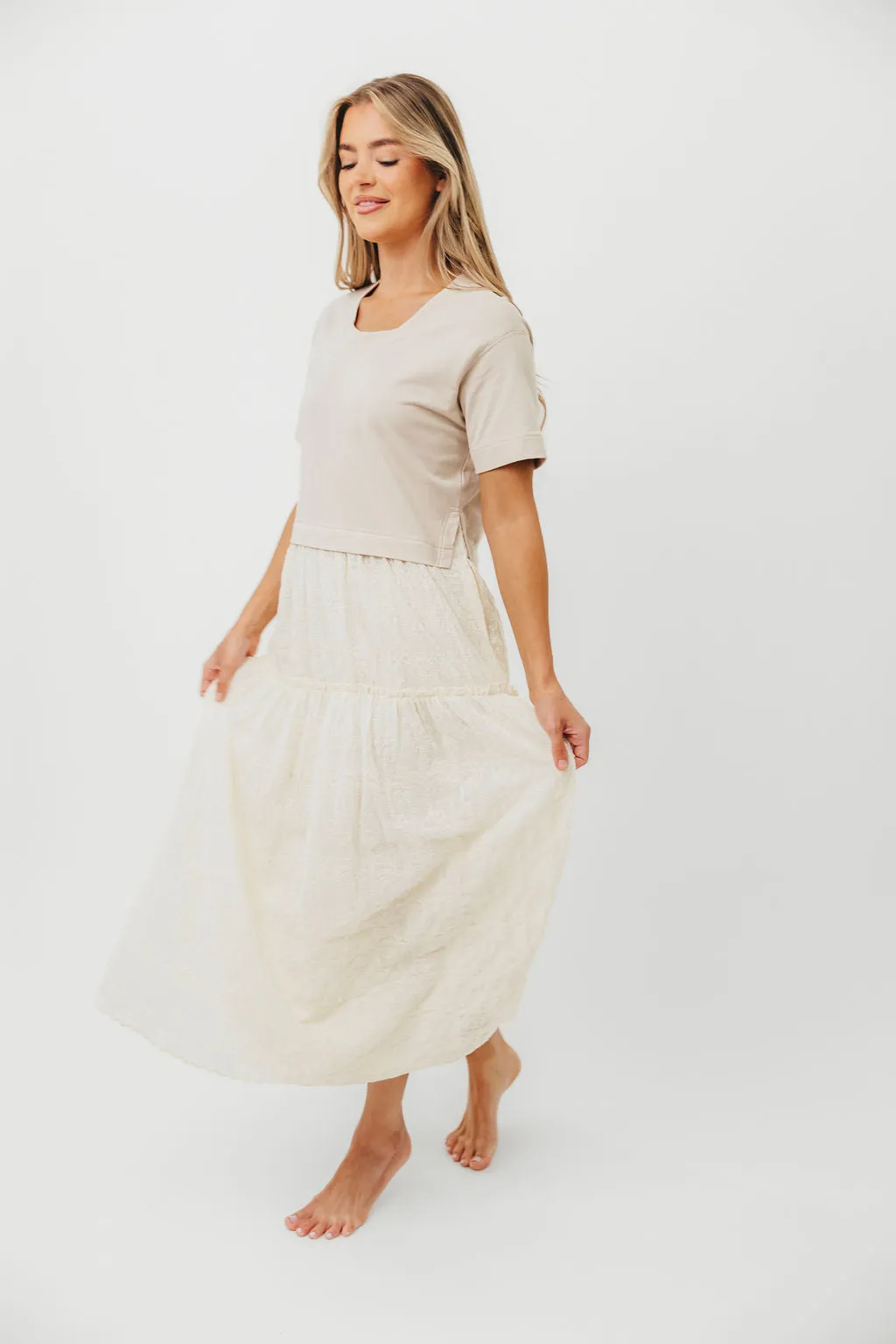 Peggy Layered Lace Dress with Tee Overlay in Oatmeal