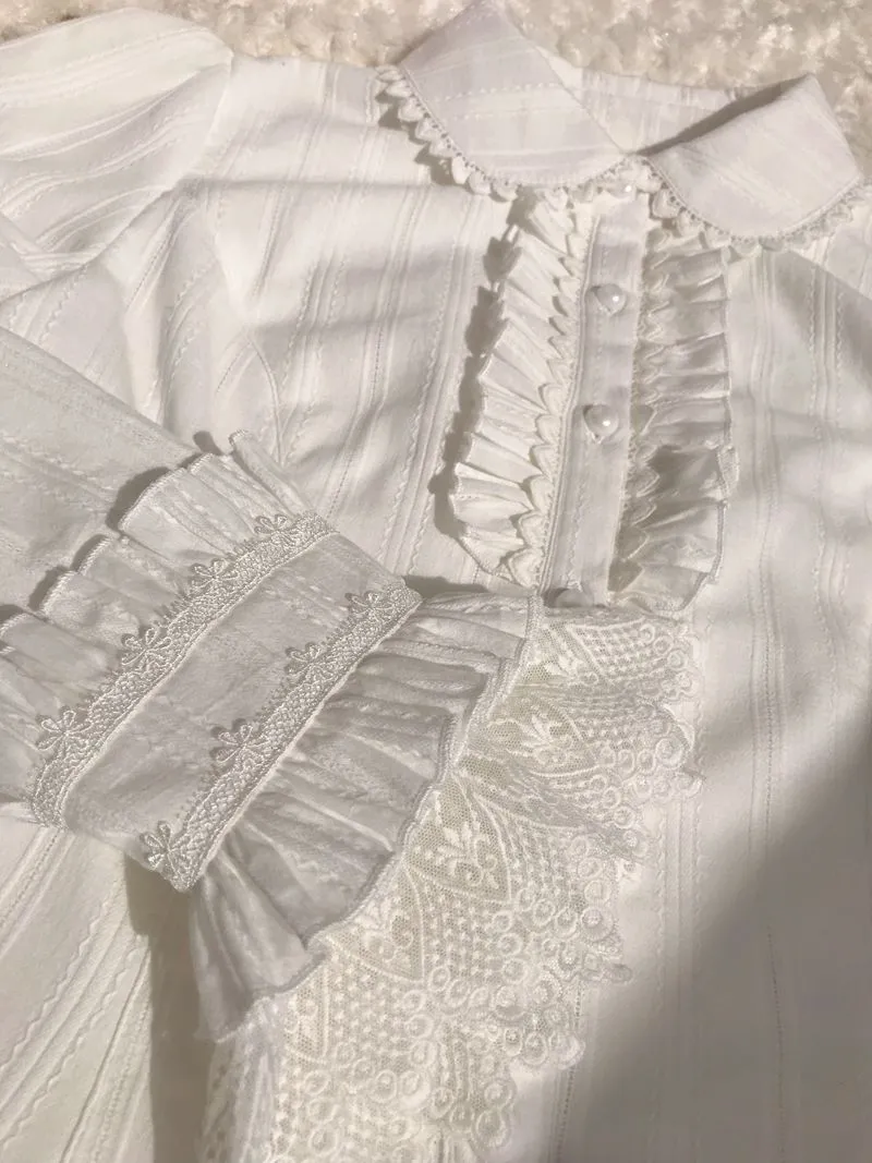 Peter Pan Collar Ruffle & Lace Long Sleeve Blouse
