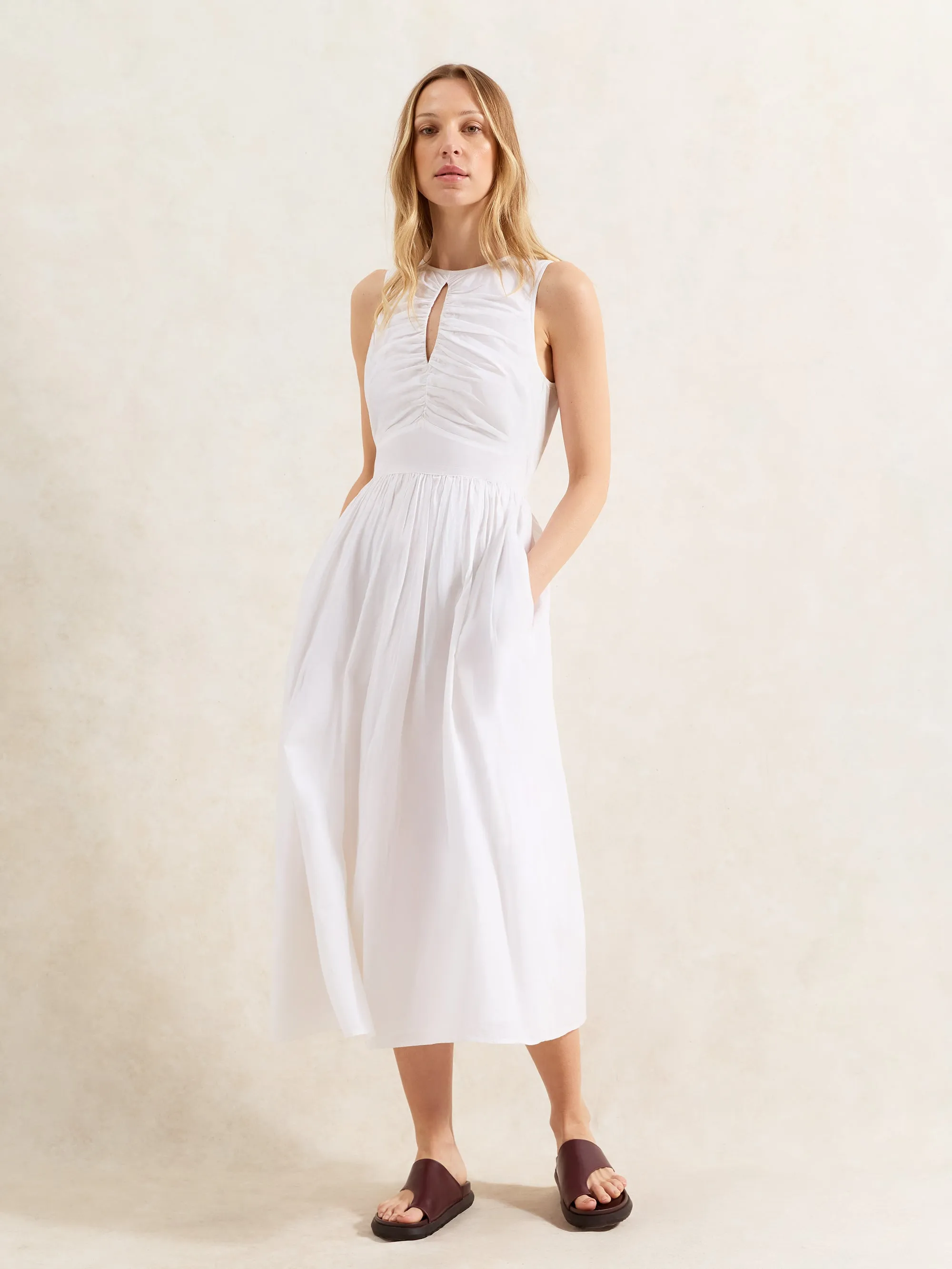 Petite White Cotton Keyhole Front Midi Dress