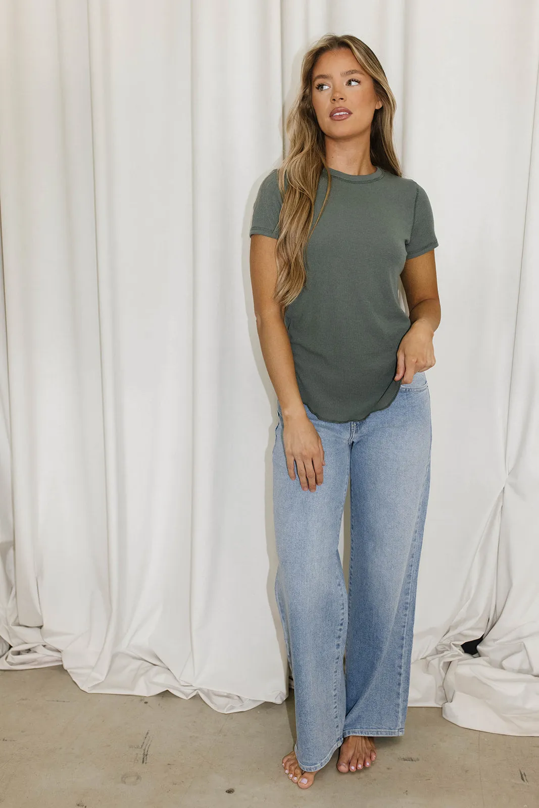 Phoenix Ribbed Knit Tee in Teal Green