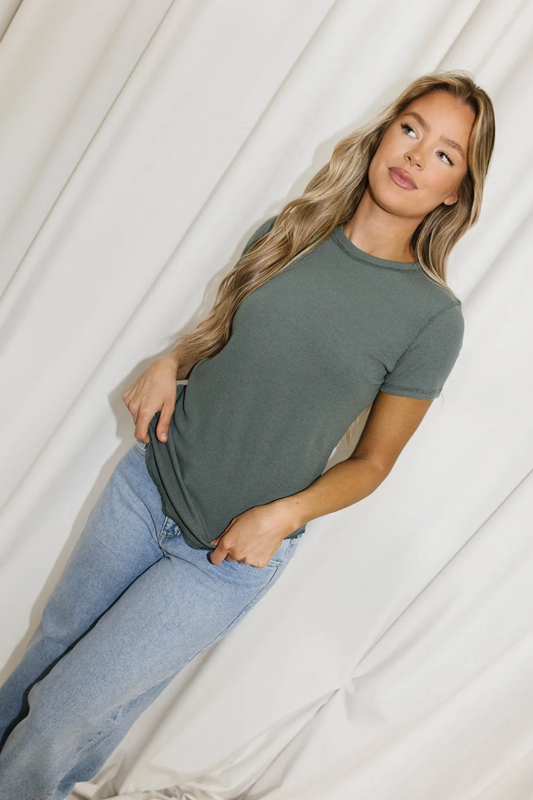Phoenix Ribbed Knit Tee in Teal Green