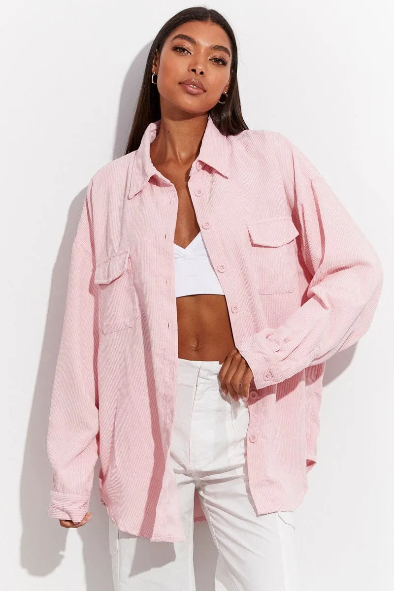 Pink Corduroy Shirt Long Sleeve Collared Neck