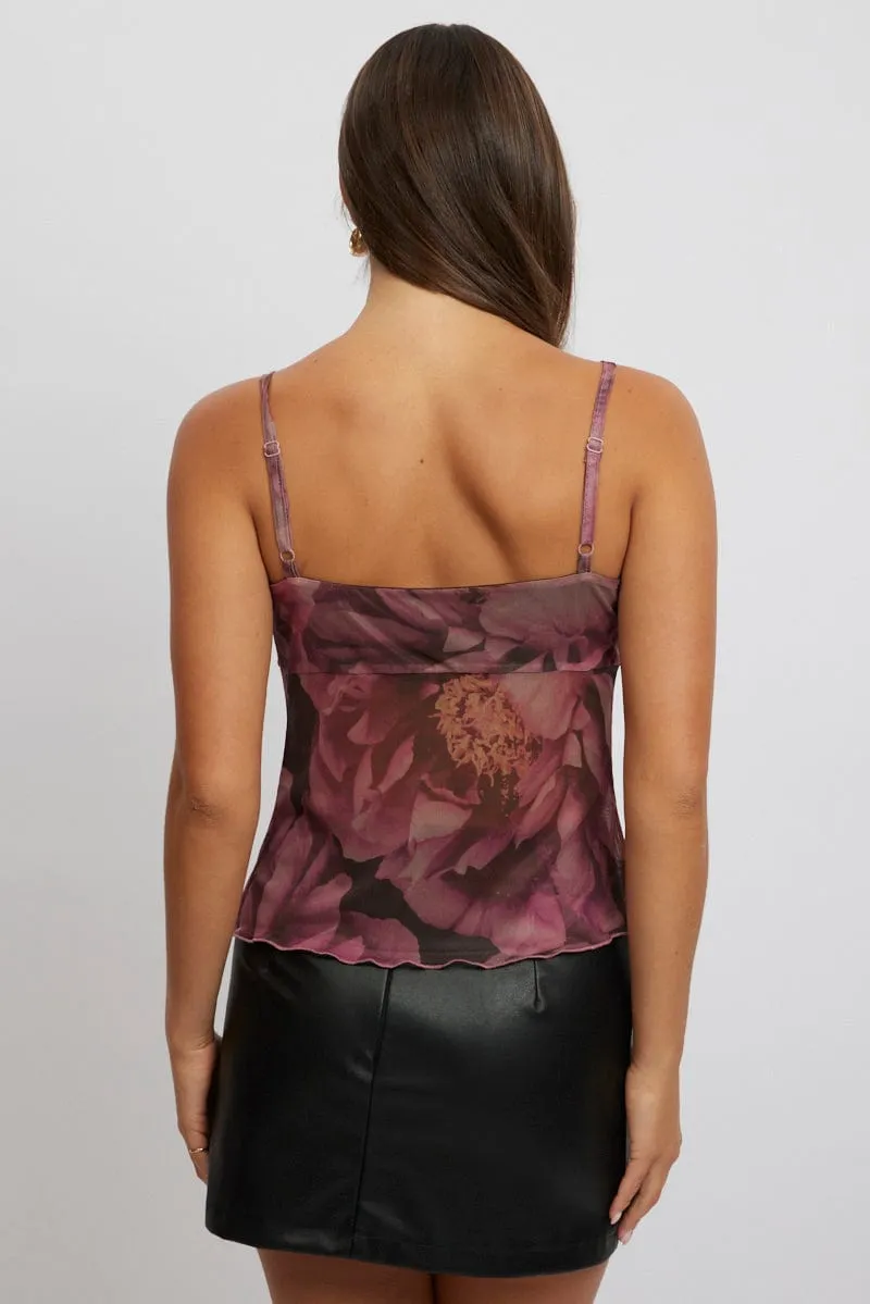 Pink Floral Singlet Top Tie Up Front