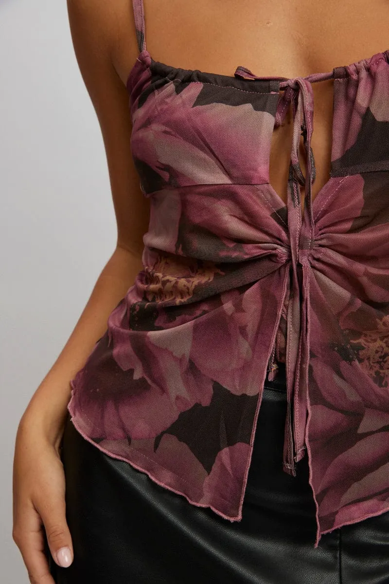 Pink Floral Singlet Top Tie Up Front
