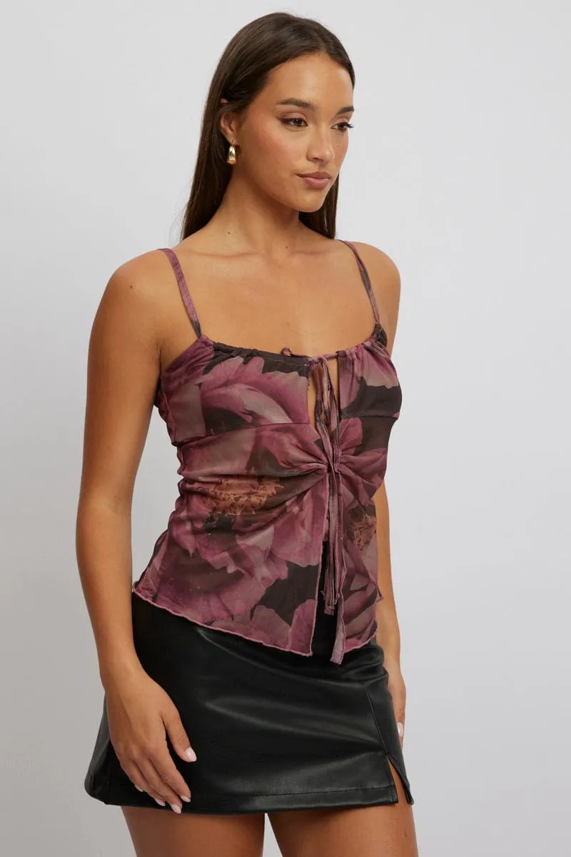 Pink Floral Singlet Top Tie Up Front