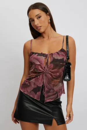 Pink Floral Singlet Top Tie Up Front