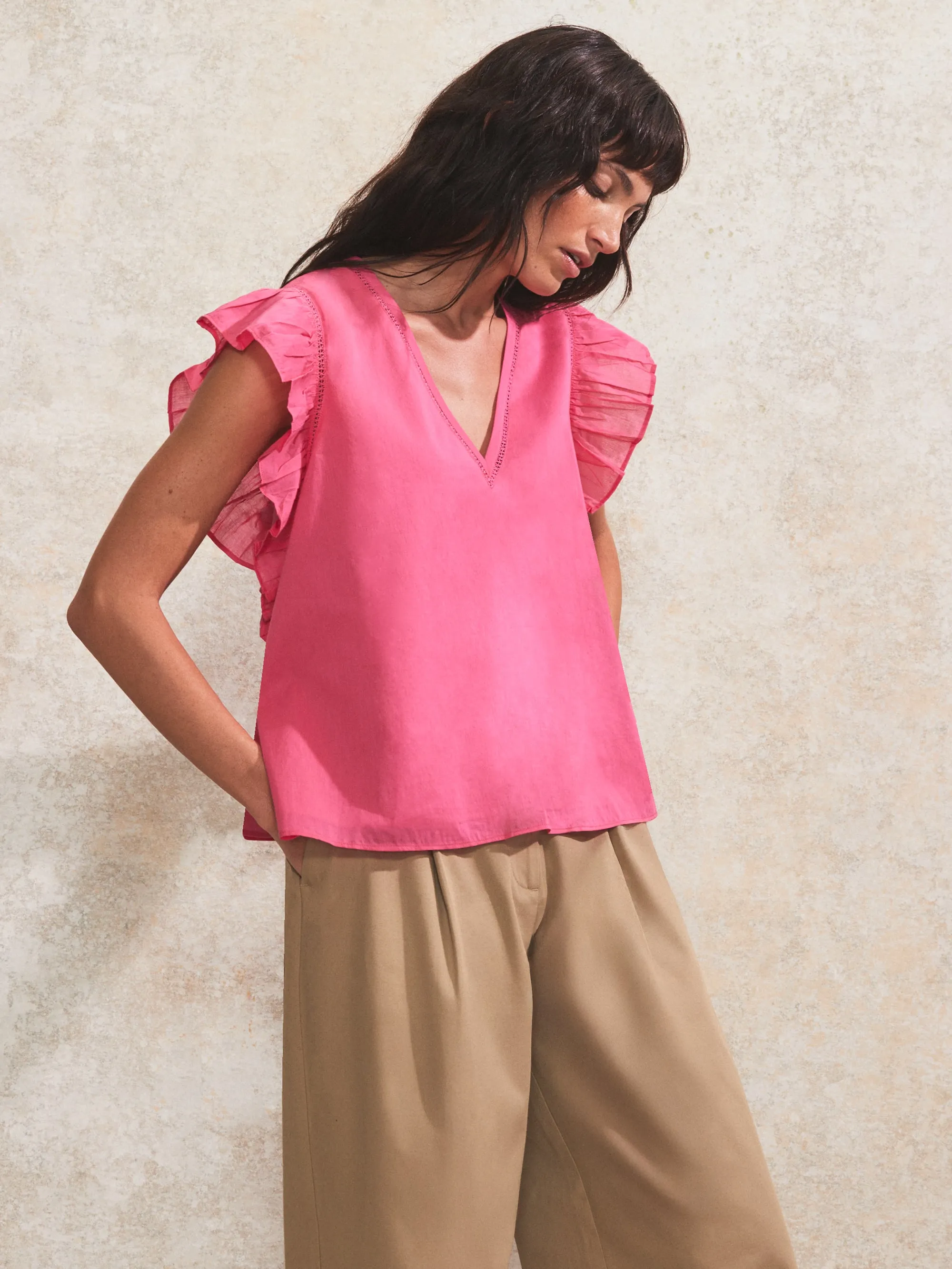 Pink Frill-Sleeve V-Neck Cotton Top